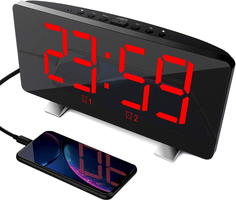 TOPYL 7" Led Music Alarm Clock, Large Digital Display Dual Bedside Clock with 2