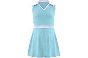 Kukume Girls Tennis Dress Golf Outfit Sleeveless Athletic Dresses Polo V Neck Sport Skirt with Pockets 4-13Y