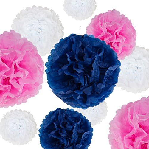 VIDAL CRAFTS 20 Pcs Tissue Paper Pom Poms Kit (14", 10", 8", 6" Paper Flowers) for Baby Shower, Birthday, Bachelorette Party, Tea Party, Nursery Decor - Navy Blue, Pink, White