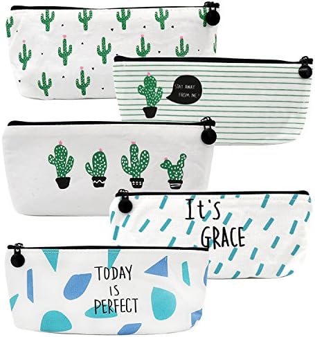 Esfun 5 Pack Canvas Student Pen Pencil Case - Cute Cactus Stationery Bag Coin Purse Pouch Cosmetic Makeup Bag