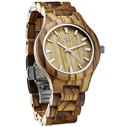 JORD Wooden Wrist Watches for Men or Women - Fieldcrest Series / Wood Watch Band / Wood Bezel / Analog Quartz Movement - Includes Wood Watch Box (Zebrawood & Maple)