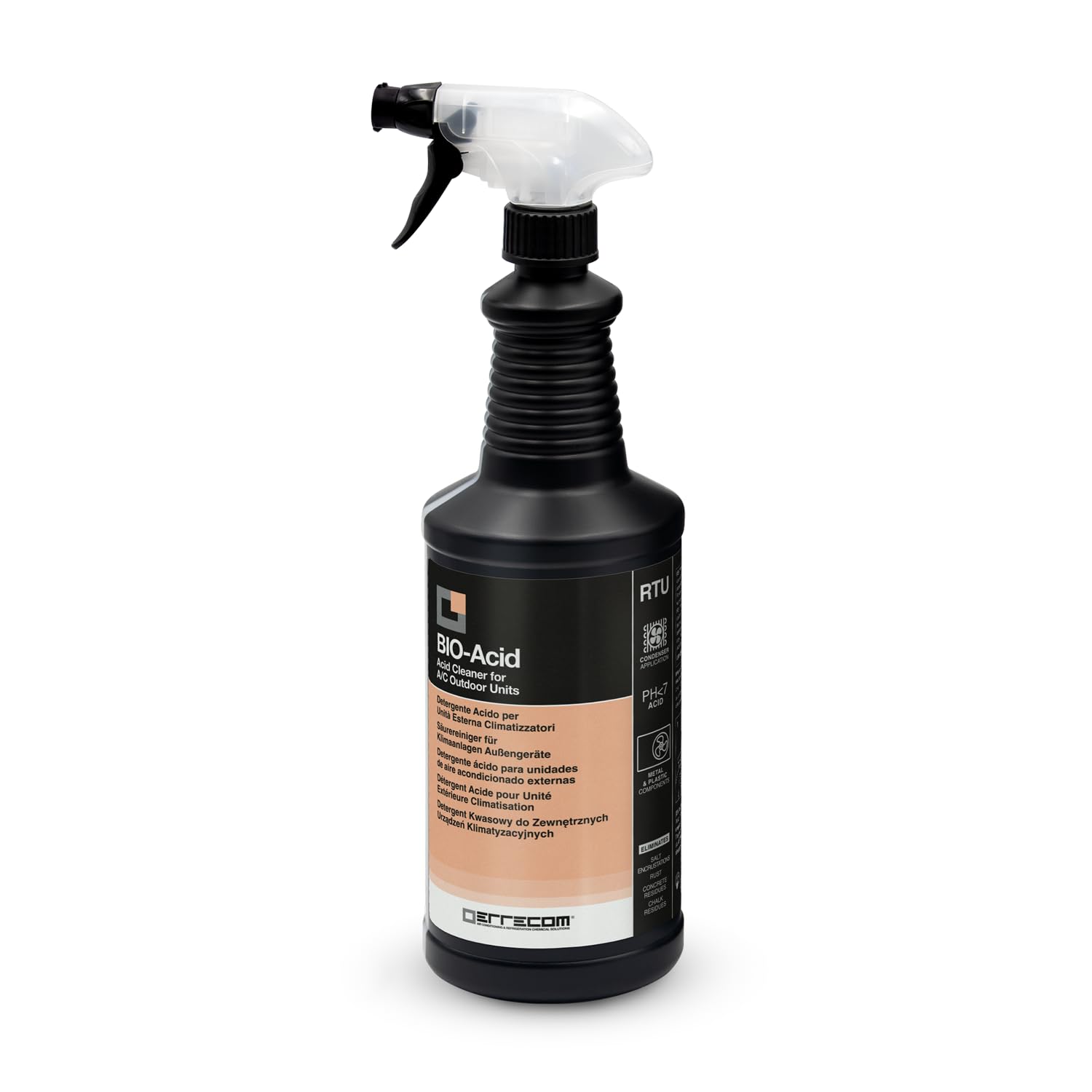 ERRECOM BIO-Acid, Acid Condenser Cleaner with Biodegradable Surfactants, 1 L Bottle with Trigger Sprayer for Foam or Liquid Jet, Disposable Gloves included