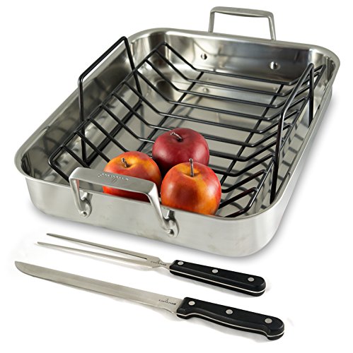 Click Here to See More Images Culina Oven to Stove 16 Roaster Pan Tri-ply Stainless Steel with Non-stick Roasting Rack and Bonus Carving Set.
