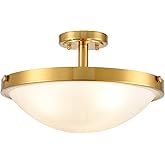 SAMTEEN 16-Inch Gold Semi Flush Mount Ceiling Light Mid Century Modern 3-Light Milk Glass Ceiling Light Brass Glass Flush Mou