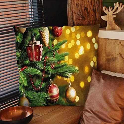 zoji family66 Christmas Pillowcases Close Up Decorated Christmas Tree Branches on Blurred Fairy Backdrop Picture Small Pillow Covers Gold Green Red Size:16"x16"