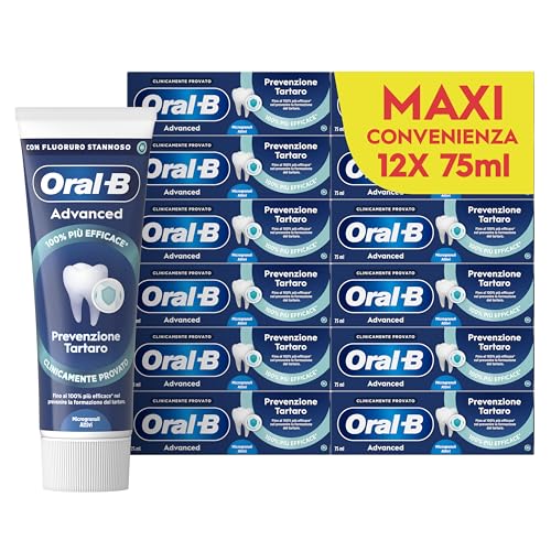 Oral-B Dentifricio Advanced Prevenzione Tartaro 12x75ml, Dentifricio Formato Convenienza Anti Tartaro con Microgranuli Attivi, Clinicamente Provato, Pulizia Denti, Sapore Menta Fresca, Alito Fresco