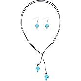 Western Turquoise Jewelry Set for Women Cowboy Cowgirl Handmade Boho Heart Cross Lucky Stars Long Leather Pendant Necklace Dangle Earrings for Ethnic Style Country Concert Christmas Holiday Jewelry