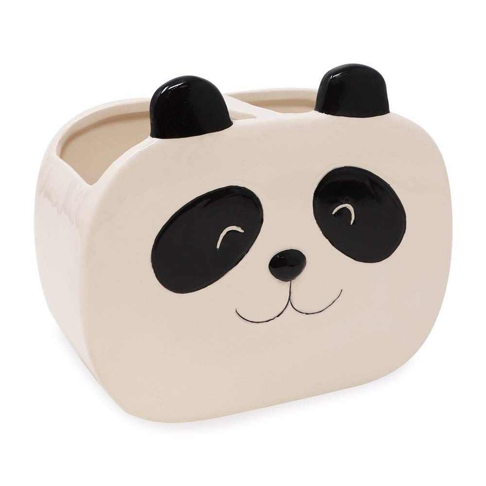 Isaac Jacobs Black and White Ceramic Panda Makeup Brush Holder, Multi-Purpose 2-Section Organizer. Bathroom, Kitchen, Bedroom, Office Décor (2-Section Cup, Panda)