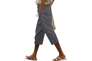 Linen Pants Women High Waisted Capri Pants Lace Trim Casual Cropped Trousers Summer Boho Beach Capris with Pockets