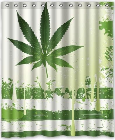 60"(w) x 72"(h) green Marijuana Pattern Bathroom Shower Curtain Shower Rings Included, 100% Polyester