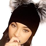 Owill Women Winter Warm Knitting Beanie Hat with Double Pom Pom