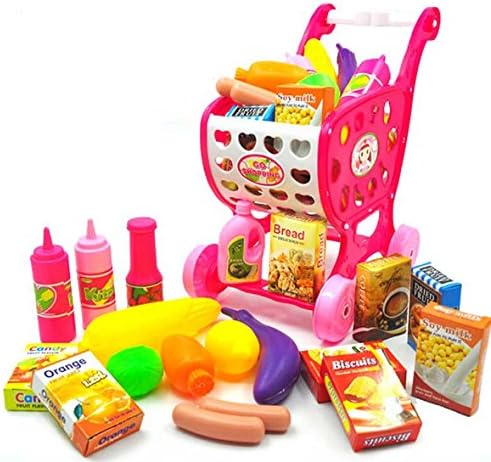 zhenyu Kids Supermarket Shopping Cart with Food Vegetables Cooking Set Pretend Play Kitchen Toys for Girls and Boys Educational Toy Gift (pink)