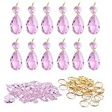 BIHRTC 12Pcs 38mm Galss Crystal Teardrop Chandelier Prisms Parts Hanging Galss Crystal Pendants Beads +50pcs Metal Split Ring + 50pcs 14mm Octagonal Beads (Pink)