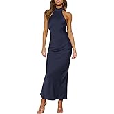 Phicia Sexy Satin Halter Neck Backless Maxi Dress for Women Elegant Tie Cowl Back Formal Wedding Guest Dress for Summer