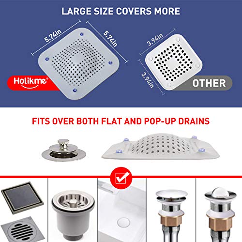 Holikme Drain Hair Catcher Shower Drain Cover, 2 Pack Silicone Drain Protector with 12 Detachable Suckers, Shower Drain Hair Trap for Tub,Bathroom,Kitchen,Bathtub,Basin, Grey/Grey