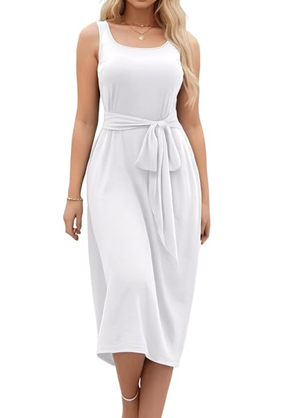 ROSDORRA WOMEN’S 2024 SUMMER SUNDRESS ELEGANT ROUND NECK MIDI SLEEVELESS CASUAL A-LINE SWING BEACH SOLID DRESS WITH POCKETS(WHITE, RS703A1 S)