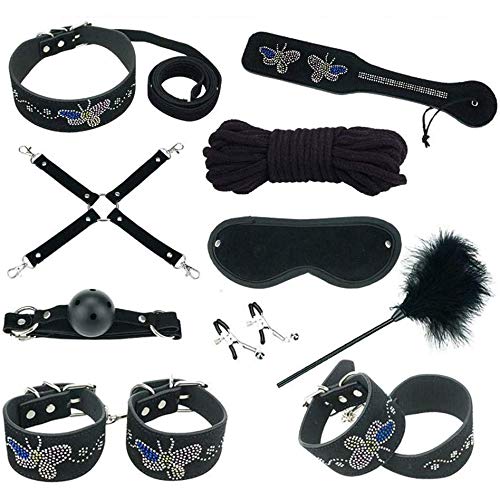 Lxmxm Sexy Slave 10-Piece Erotic Bondage Gear System Health Care Hot Diamond Butterfly Purple Handcuffs Toys Couple Sex Toys,3