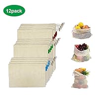 esafio Reusable Mesh Produce Bags, Natural Cotton Grocery Bags with Tare Weight on Tags for Grocery Shopping Storage Like Fruit Vegetable and Toys (Set of 12 PCS)