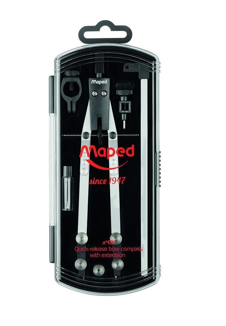 Maped 1947 No. 421 Technical Compass Set with Quick and Micrometric Adjustment 160 mm - 4 Pieces - Lead Case 2 mm - Pen/Pencil Adaptor - Nut