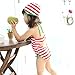Vivo-biniya Kid Girl's One-Piece Swimwear and Cap Striped Swimsuit Red and Blue