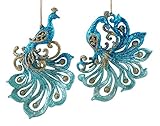 Sparkling Teal Peacock Hanging Christmas Ornaments - 2 Pack