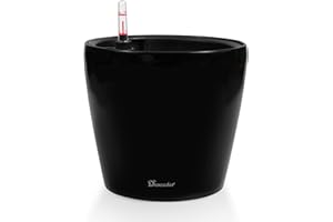 Dexceder 11x10 Inches High Gloss Self Watering Planter Indoor Outdoor, Inner Pot Design, Thickened Table Flower Plant Pot with Water Level Indicator (Black)
