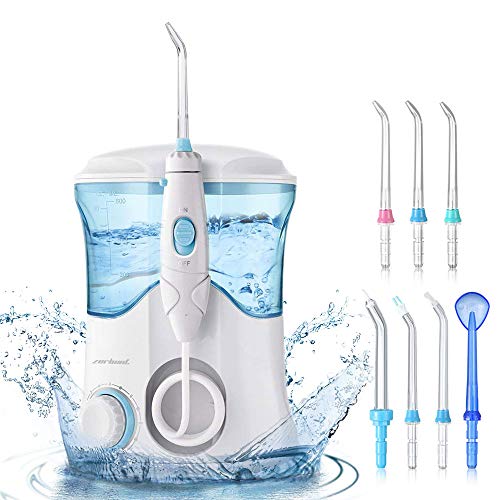 Dental Water Flosser Teeth Cleaner - Zerhunt High Frequency Pulsed Water Pick Electric Oral Irrigator with 7 Interchangeable Nozzles For Braces, Implants, Bridges,600ML Large Capacity White