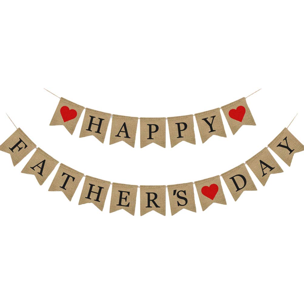 Happy Father's Day Burlap Banner Black Letter Red Heart Hanging Bunting Father's Day Party Supplies 2pcs/Set