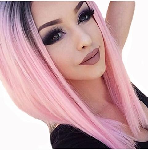 Women's Bob Wig Pink Ombre Wigs Short Straight Synthetic Hair Middle Part Lace Cosplay Halloween Party Wig