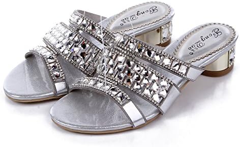Unicoratha Women's Crystal Rhinestone Low Heel Slip on Evening Party Sheepskin Sandals Shoes