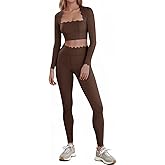 Fisoew Two Piece Workout Sets For Women High Waisted Scolloped Leggings with Crop Tops Gym Yoga Active Wear Outfits
