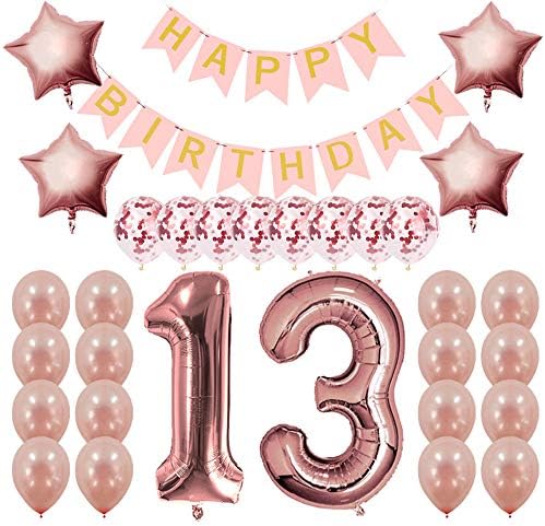 Rose Gold 13th Birthday Decoration Kit - Number Balloons, Banner & Confetti Balloons Set