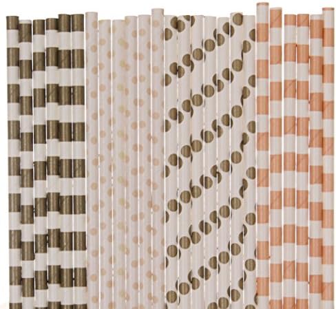 Gold and Peach Paper Straw Mix - Polka Dots, Horzontal Striped (25)