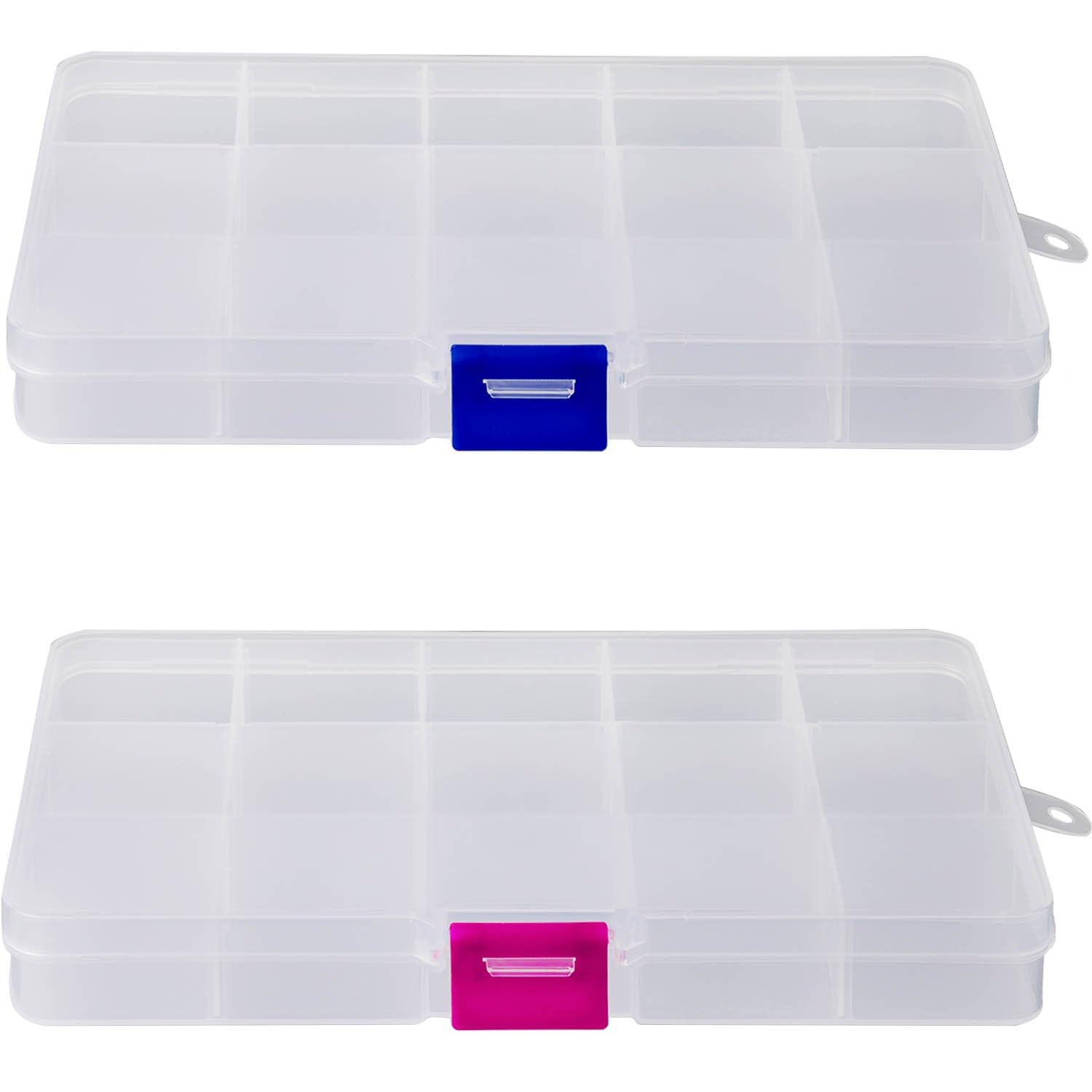 YoiYee 15-Grid Transparent Jewellery Organizers Box with Adjustable Dividers - Small Clear Plastic Storage Boxes for Jewelry, Cosmetics, Crafts, Hair Accessories (Red + Blue), Pack of 2