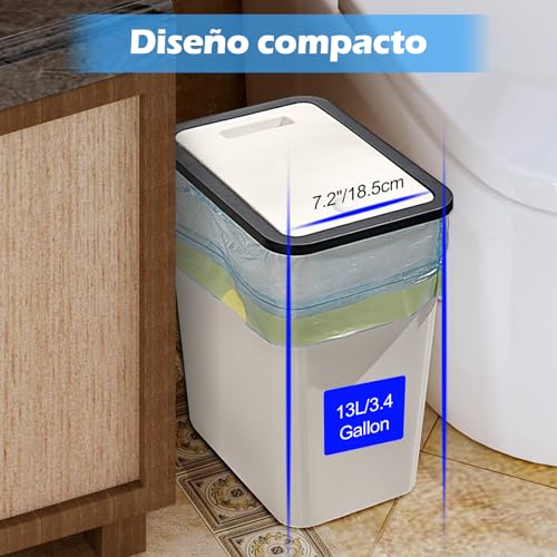 Bote de Basura para Baño con Tapa Juego de 4, 13 L/3.4 Gallon de Basura Cocina, para Baño, Cocina, Despacho, Dormitorio, Aseo, Salón,Cesto de Basura Delgado y Compacto(Beige)