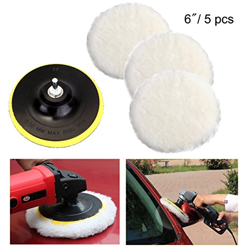 Polishing Buffer Pad Set, CXTIY Wool Polish Waxing Pad with Velcro Wheel and M14 Drill Adapter for Car Glass Ceramic Stone (6inch 5pcs)