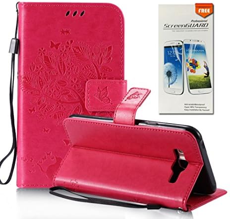 OuDu Tree&Butterfly Printing Pattern Case for Samsung Galaxy J7 2015 SM-J700F PU Leather Cover Flip Wallet Shell Stand Function Bumper with Card Slots - Rose (Gift:1 Screen Protector)