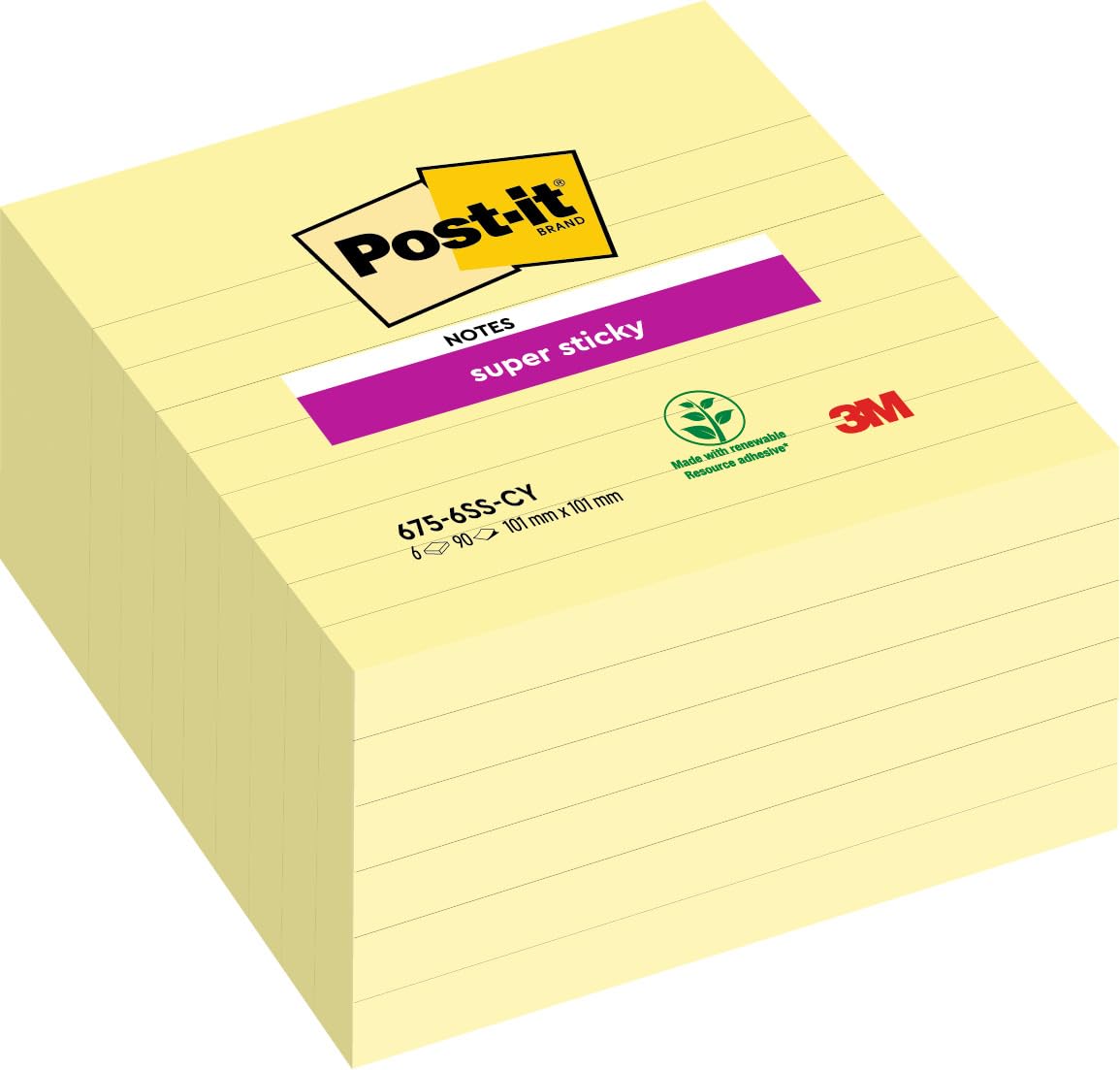 Post-it Super Sticky Large Notes, Lined, 540 Sheets, Pack of 6 Pads, 101 mm x 101 mm - Holds Strong to Many Surfaces - Canary Yellow - for Walls, Monitors and Fridge, Recycable