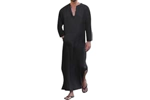 Jacansi Men's V-neck Short Sleeve Robe Side Split Kaftan Cotton Long Gown Thobe S-3XL