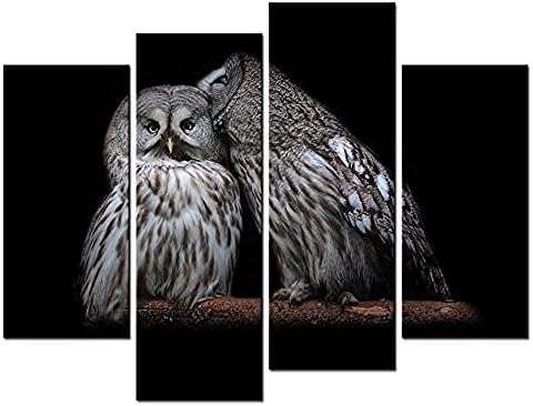 Forever With Me 4 Panel Wall Art Painting Grey Picture Two Owl Stand Close Together On A Branch Picture On Canvas Stretched By Wooden frames-For Living Room Decor Or As A Gift