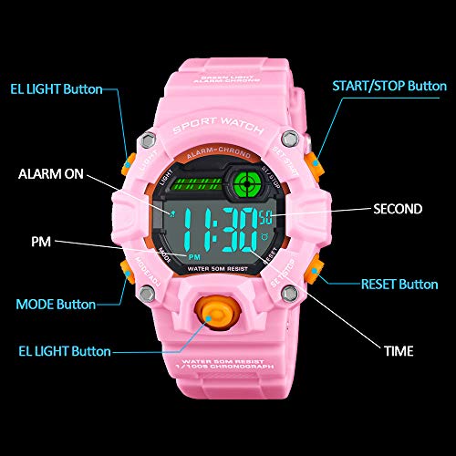 Venhoo Kids Digital Watches Outdoor Sport Waterproof Electronic LED Alarm Stopwatch Wrist Watch for Kids Girls-Pink