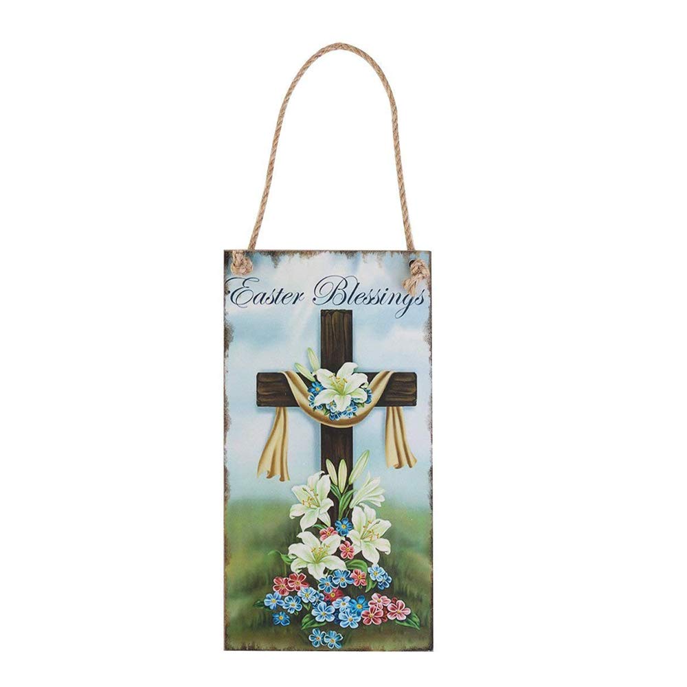 BinaryABC Easter Wooden Sign Plaque Door Wall Hanging Decorations (Easter Blessings)