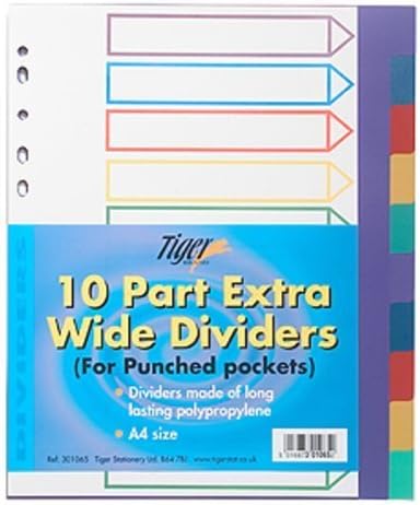 Tiger A4 10 Part Extra Wide Dividers for Punched Pockets Set Pack