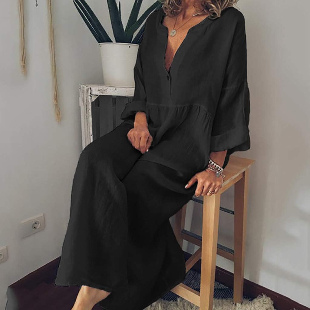Deep Dress Linen and Cotton Women VNeck, Dresses Button