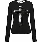 WDIRARA Women's Gothic Cross Rivet T Shirts Long Sleeve Cut Out Back Tees Grunge Punk Tops