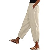 Women's Cotton Linen Lantern Pants Tulip Hem High Waisted Summer Casual Cropped Trousers Pockets
