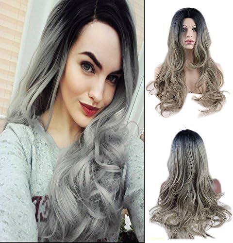 Deewin Long Wave Ombre Wig Two Tones Black Rooted Silver Grey Heat Resistant Cheap Middle Part Wig 130% High Density for Women