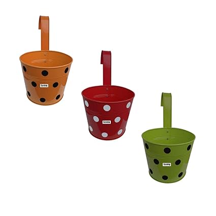 Kraftsplanet Garden/ Balcony Decor Set of Three Polka Design Railing Planters with Detachable Hooks