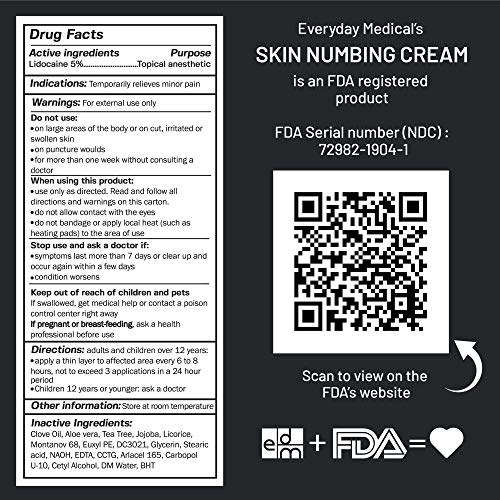 Everyday Medical Numbing Cream - 5% Lidocaine Topical Anesthetic Gel - Numbing for Tattoos, Piercing, Waxing, Microneedling, Microblading, Injections, Hemorrhoids and Anorectal Discomfort Relief