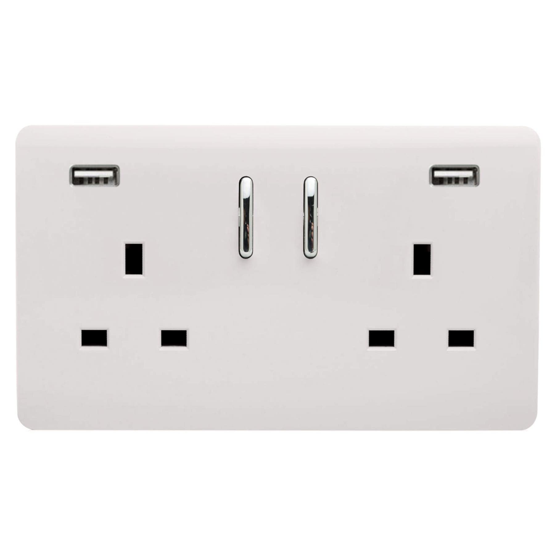 Trendi 2 Gang Artistic Modern Glossy 13 Amp 2 x 3.1A USB Switched Plug Socket Ice White